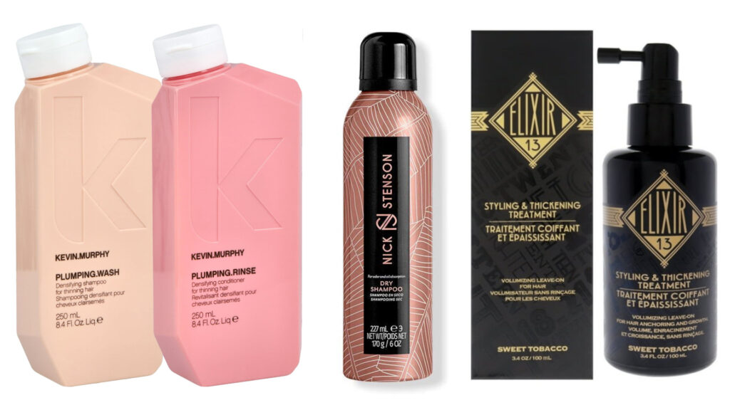 Three product images: Keven.Murphy Shampoo/Conditioner, Nick Stenson Dry Shampoo, Elixir 13 Treatment